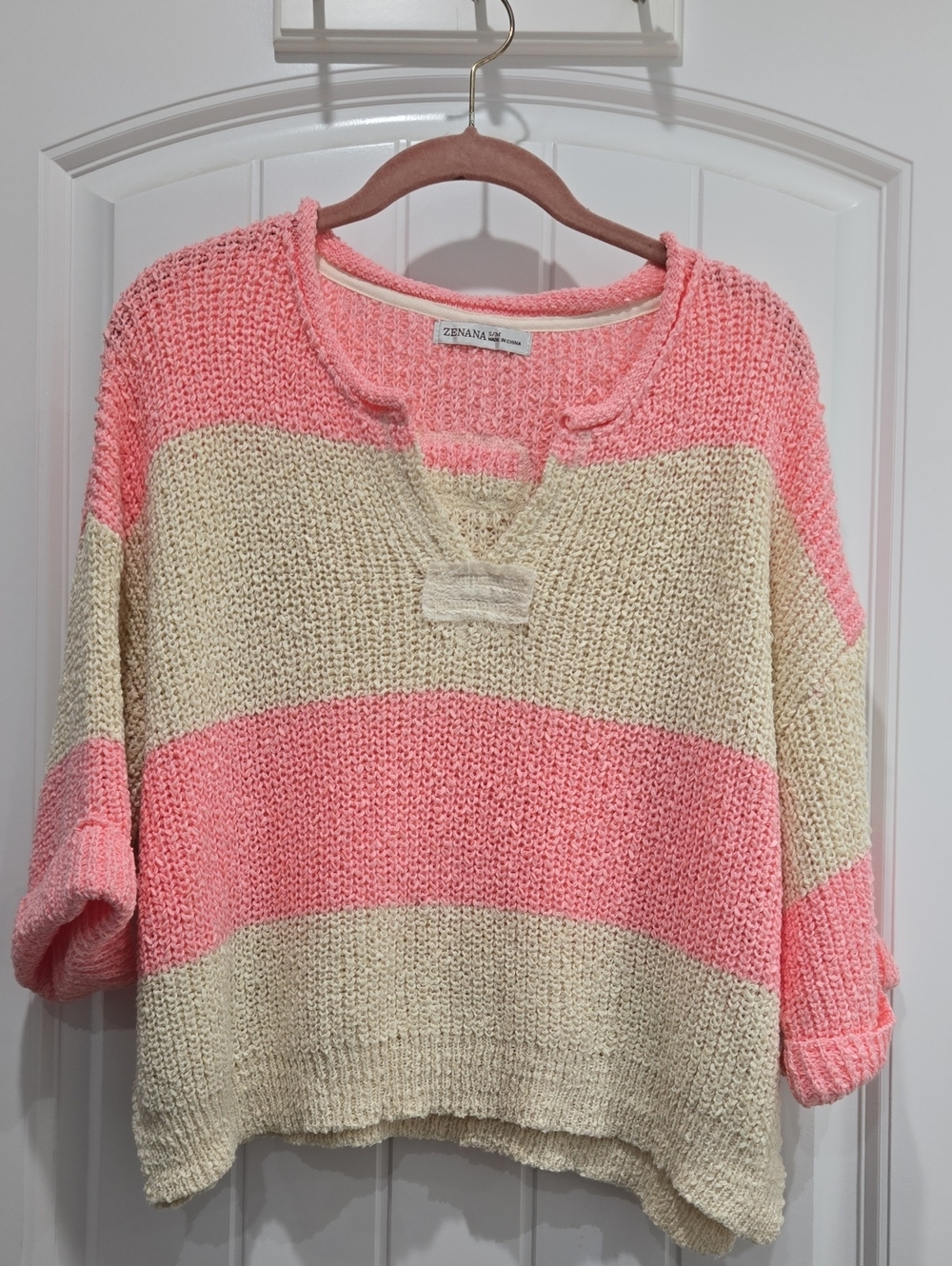 Zenana Outfitters Pink and Cream Striped Scoop-Neck Knit Sweater